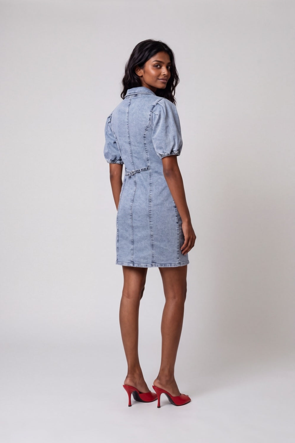 Womens Solid Light Blue Denim Puff Sleeve Dress - Image 5