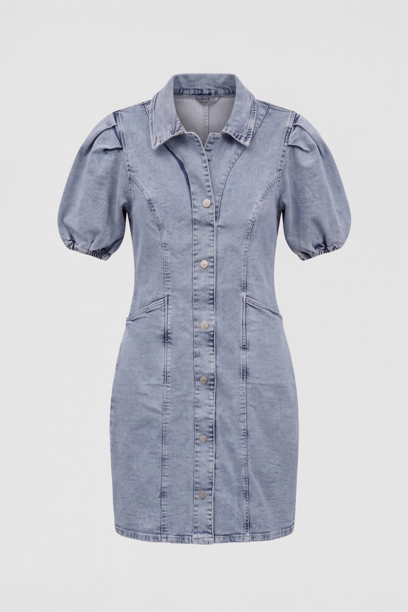 Womens Solid Light Blue Denim Puff Sleeve Dress - Image 6