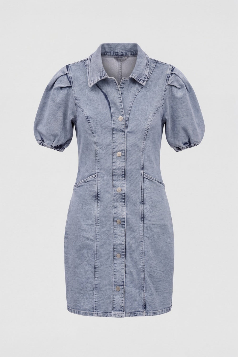 Womens Solid Light Blue Denim Puff Sleeve Dress - Image 6