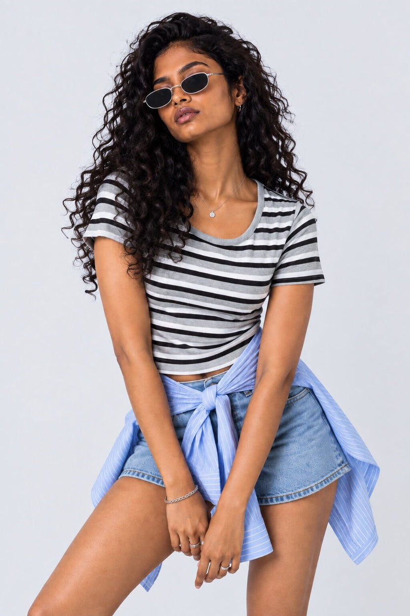 Womens Striped Print Ribbed Crop Top with Built-In Bra - Image 1