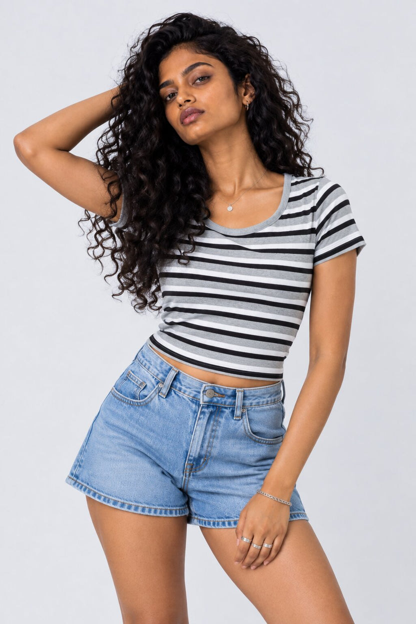 Womens Striped Print Ribbed Crop Top with Built-In Bra - Image 2