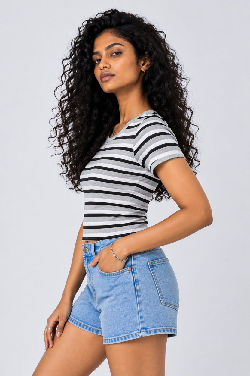 Womens Striped Print Ribbed Crop Top with Built-In Bra - Image 4