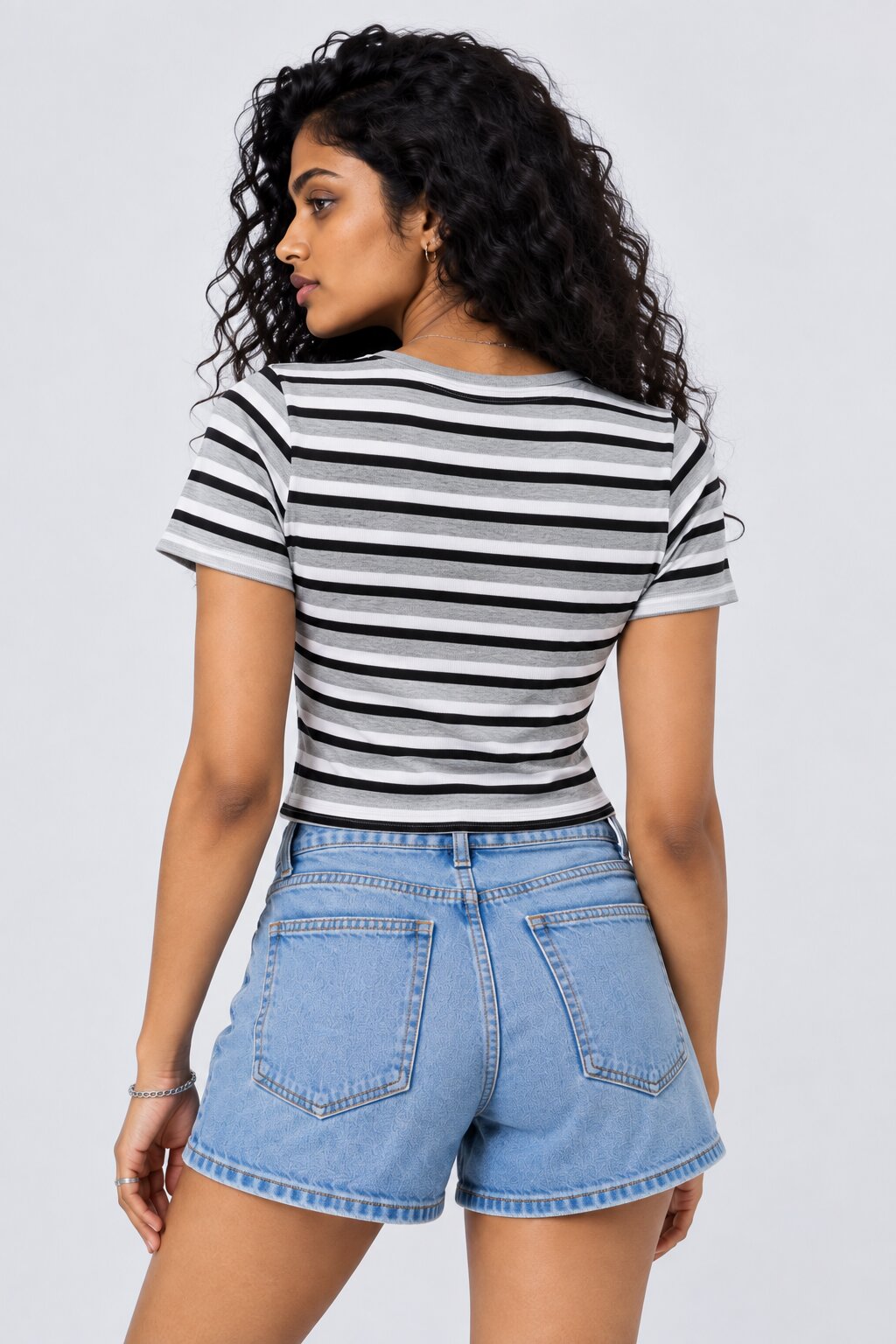 Womens Striped Print Ribbed Crop Top with Built-In Bra - Image 5