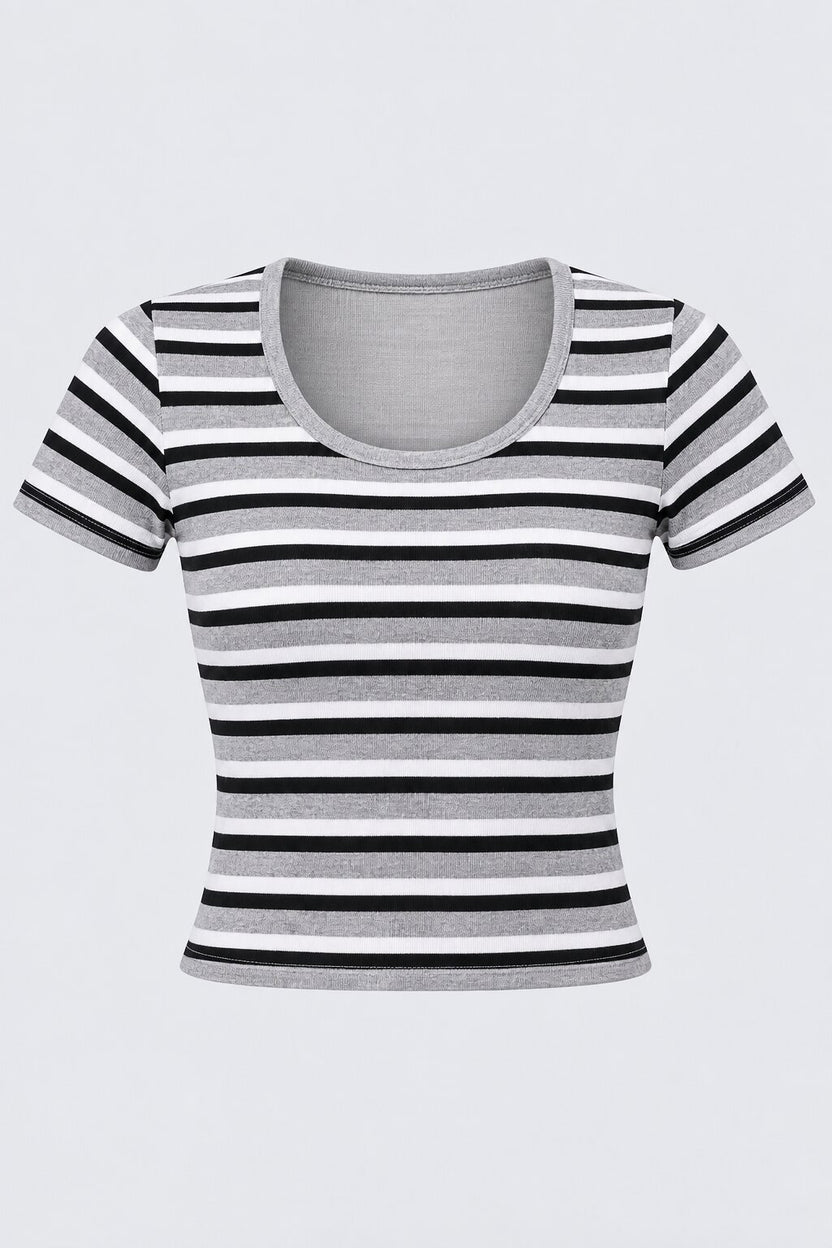 Womens Striped Print Ribbed Crop Top with Built-In Bra - Image 7