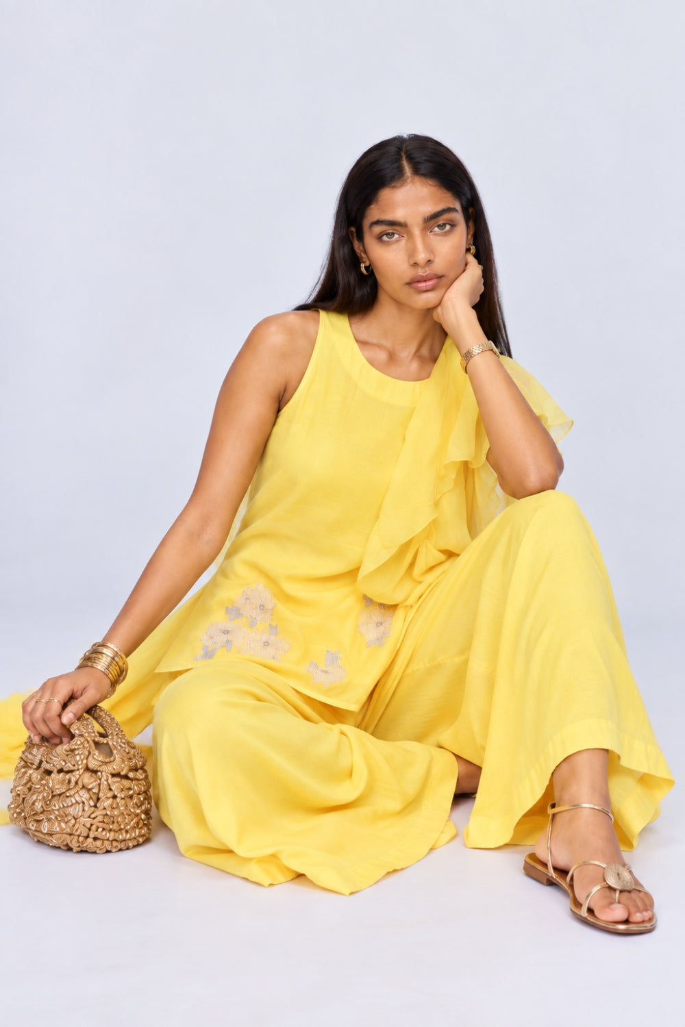 Womens Yellow Ruffle Detail Kurta, Palazzo and Dupatta Set - Image 1