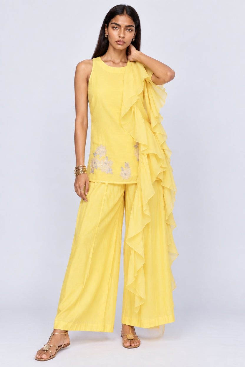 Womens Yellow Ruffle Detail Kurta, Palazzo and Dupatta Set - Image 2