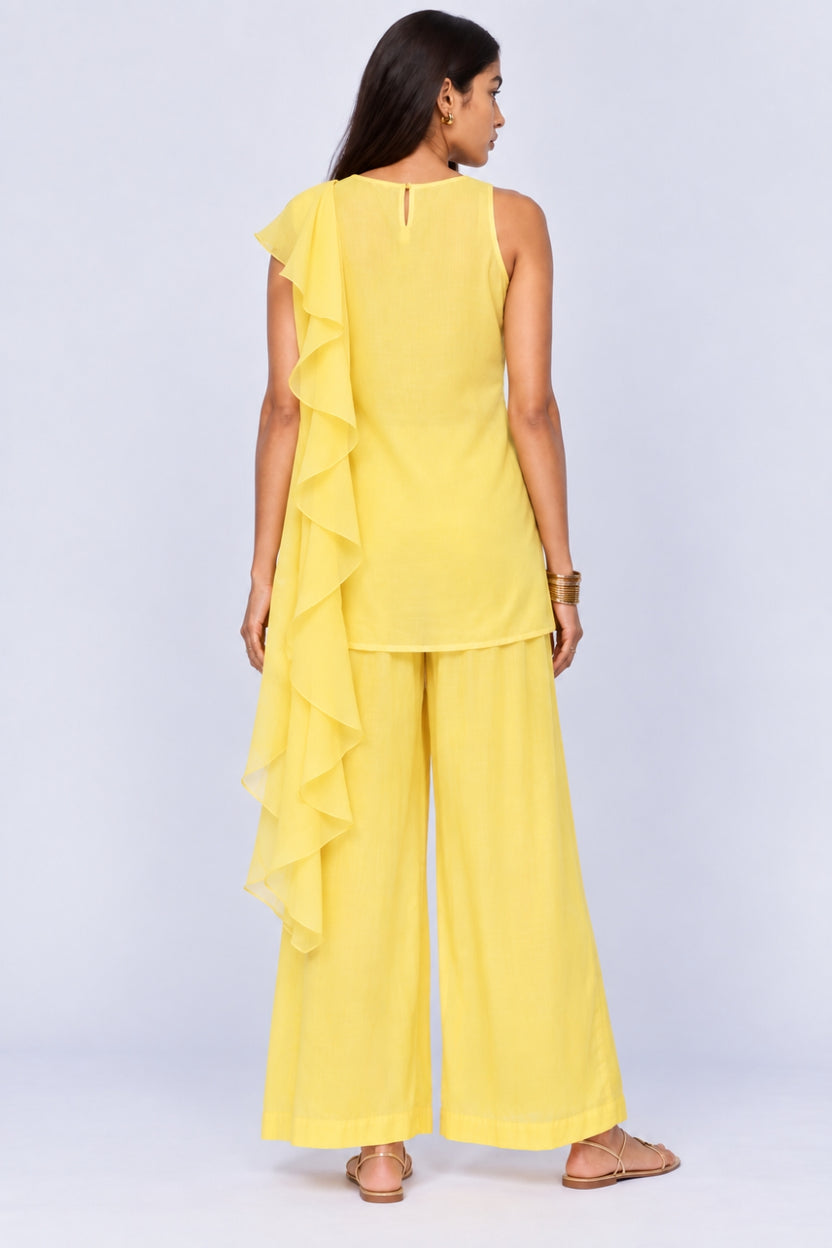 Womens Yellow Ruffle Detail Kurta, Palazzo and Dupatta Set - Image 5
