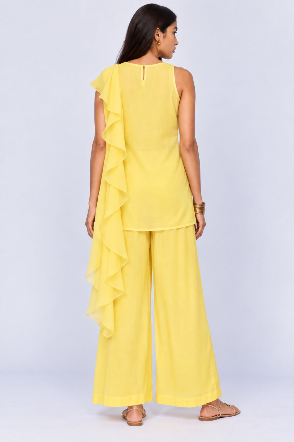 Womens Yellow Ruffle Detail Kurta, Palazzo and Dupatta Set - Image 5