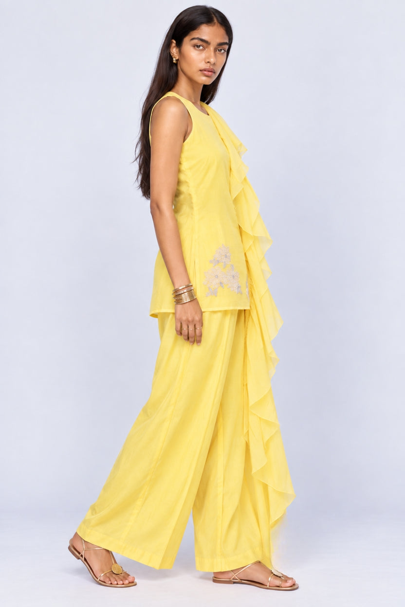 Womens Yellow Ruffle Detail Kurta, Palazzo and Dupatta Set - Image 6