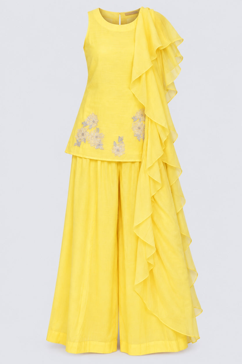 Womens Yellow Ruffle Detail Kurta, Palazzo and Dupatta Set - Image 7