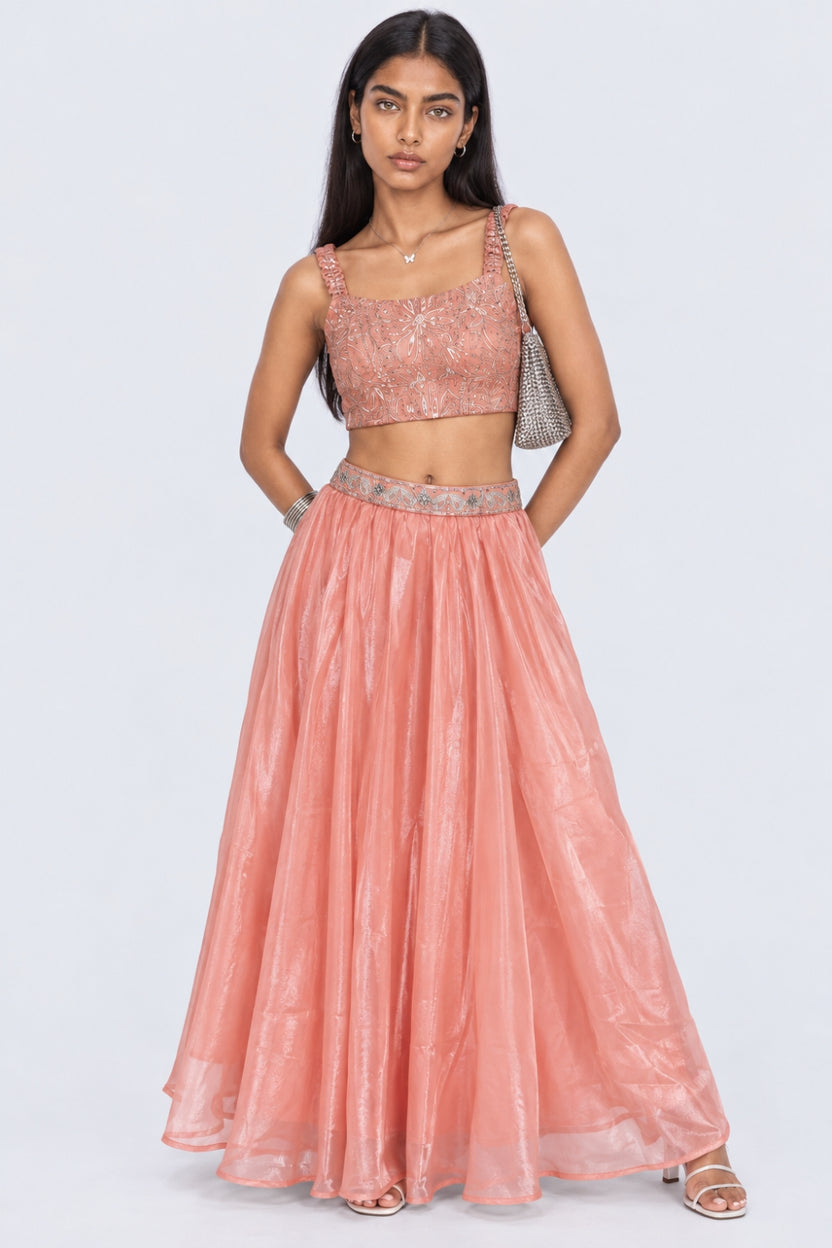 Womens Flared Peach Embroidered Skirt - Image 6