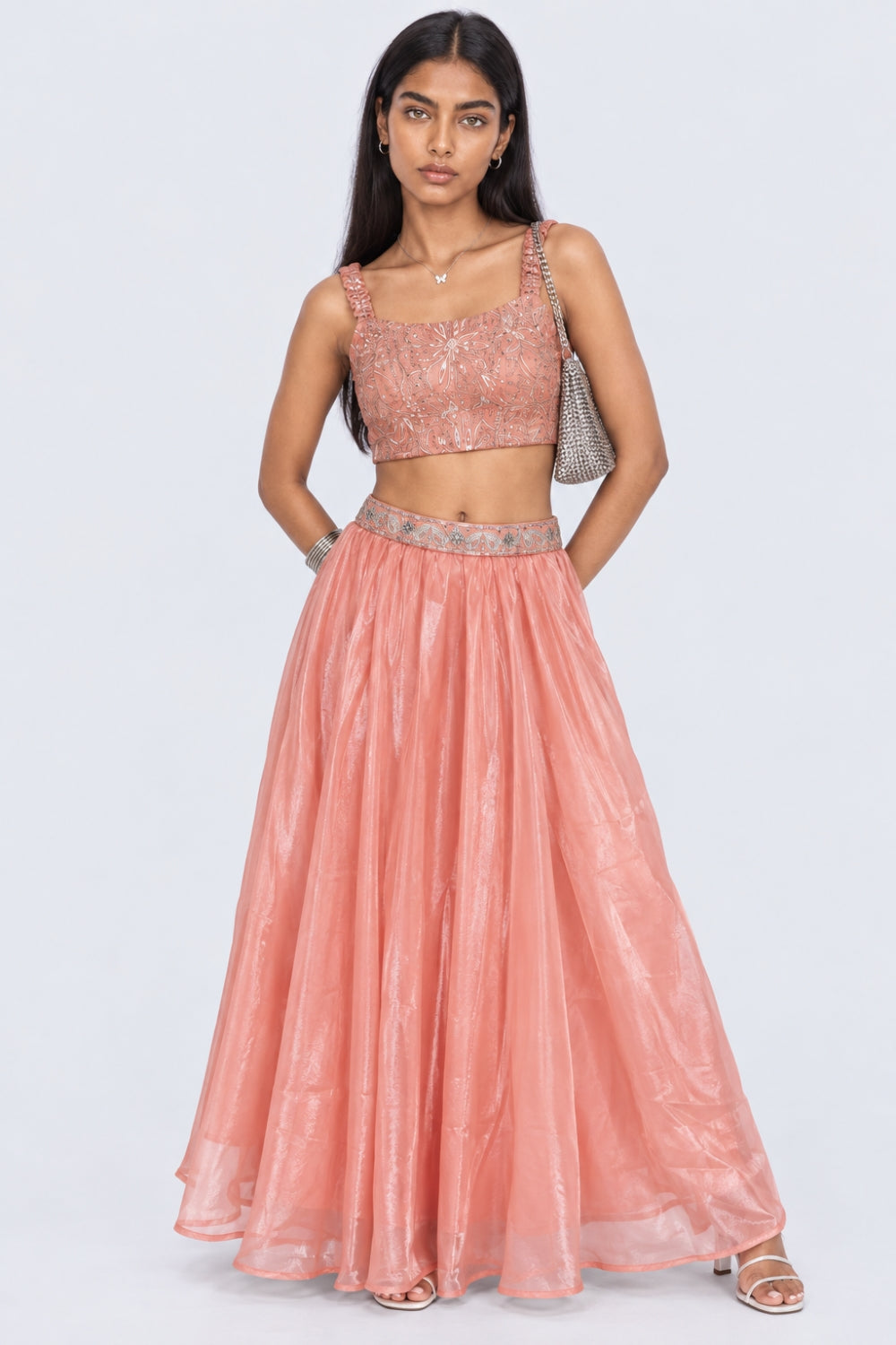 Womens Flared Peach Embroidered Skirt - Image 6
