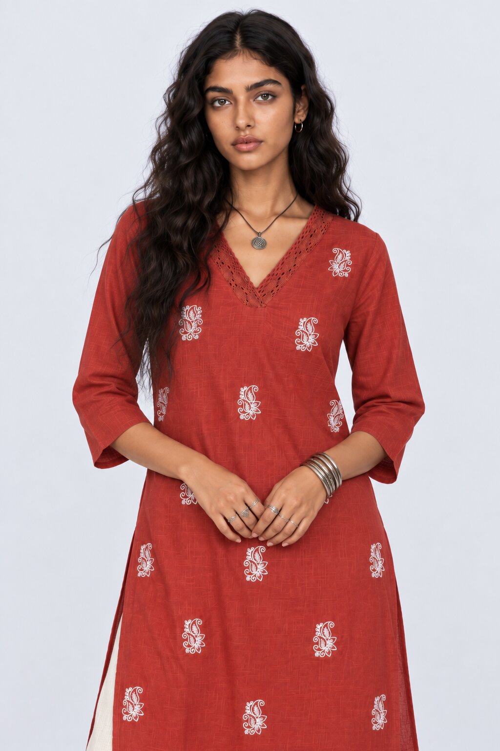 Womens Rust Embroidered V-Neck Straight Kurta - Image 2