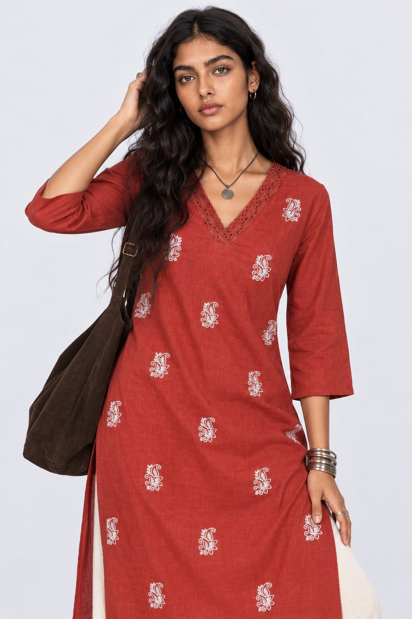 Womens Rust Embroidered V-Neck Straight Kurta - Image 3