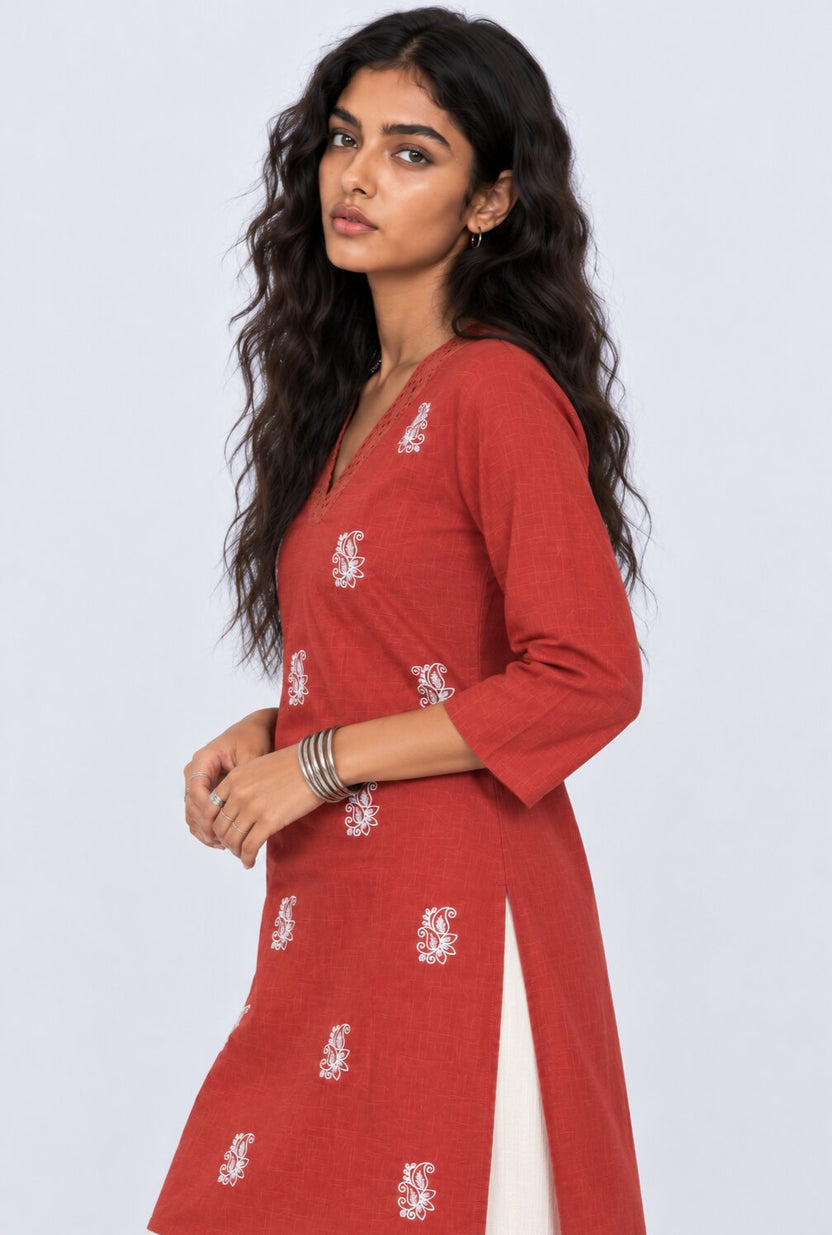 Womens Rust Embroidered V-Neck Straight Kurta - Image 4