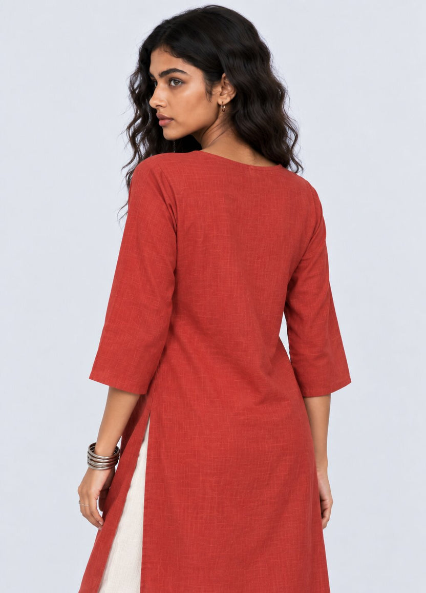 Womens Rust Embroidered V-Neck Straight Kurta - Image 5