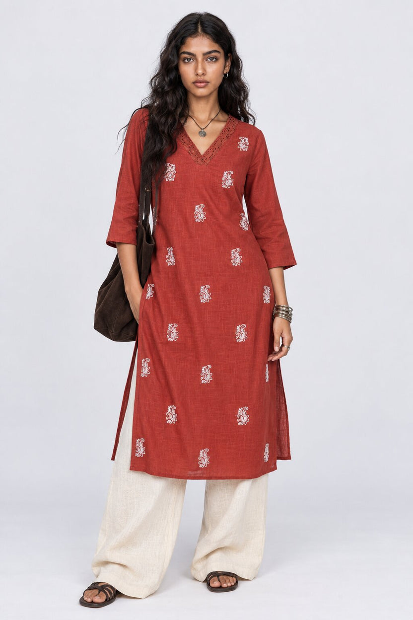 Womens Rust Embroidered V-Neck Straight Kurta - Image 6
