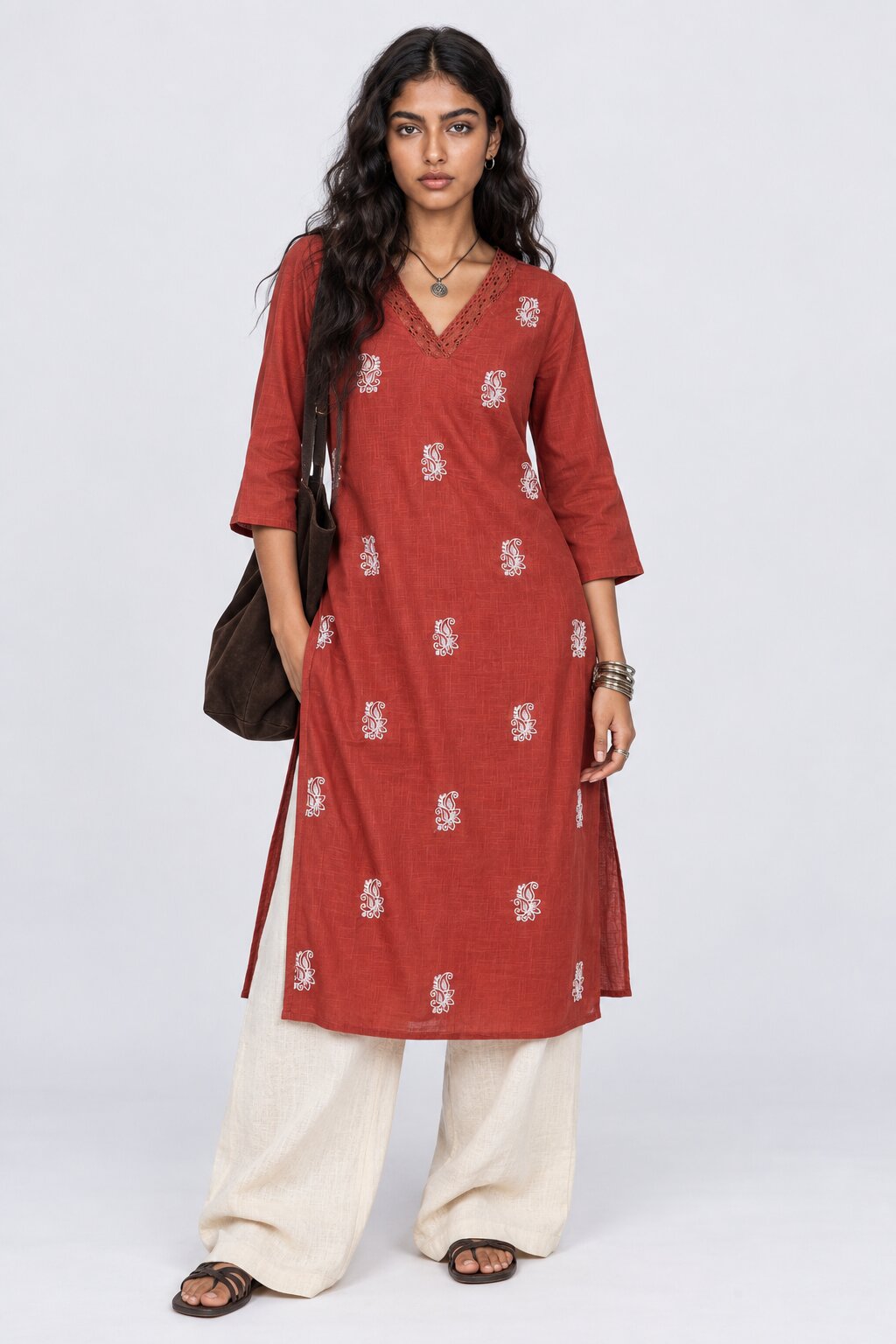 Womens Rust Embroidered V-Neck Straight Kurta - Image 6