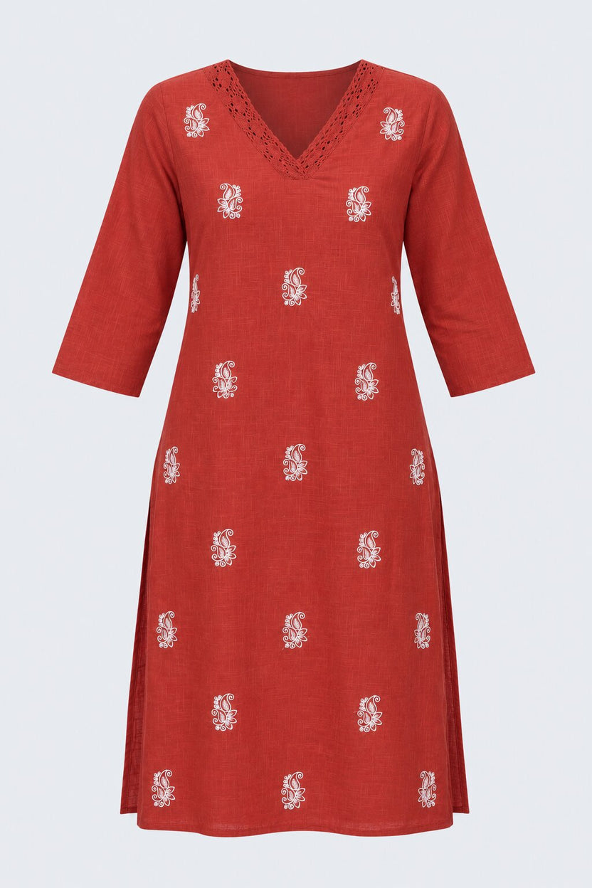Womens Rust Embroidered V-Neck Straight Kurta - Image 7
