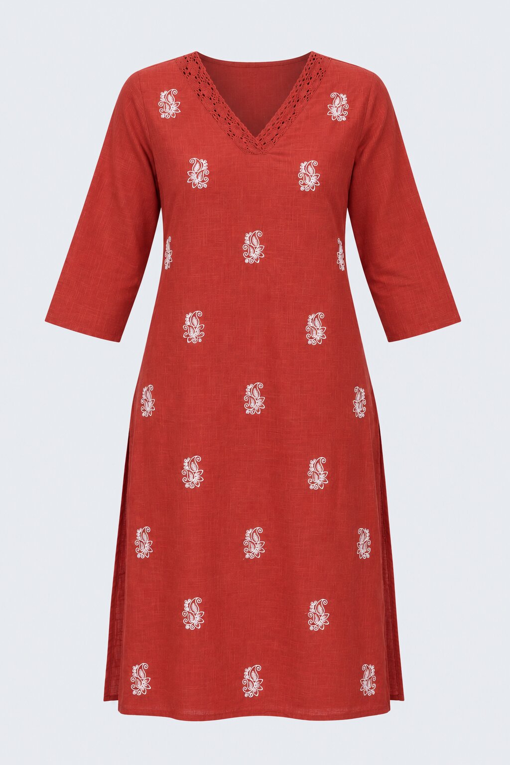 Womens Rust Embroidered V-Neck Straight Kurta - Image 7