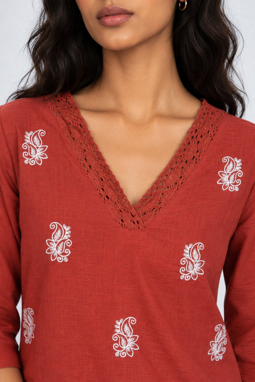 Womens Rust Embroidered V-Neck Straight Kurta - Image 9