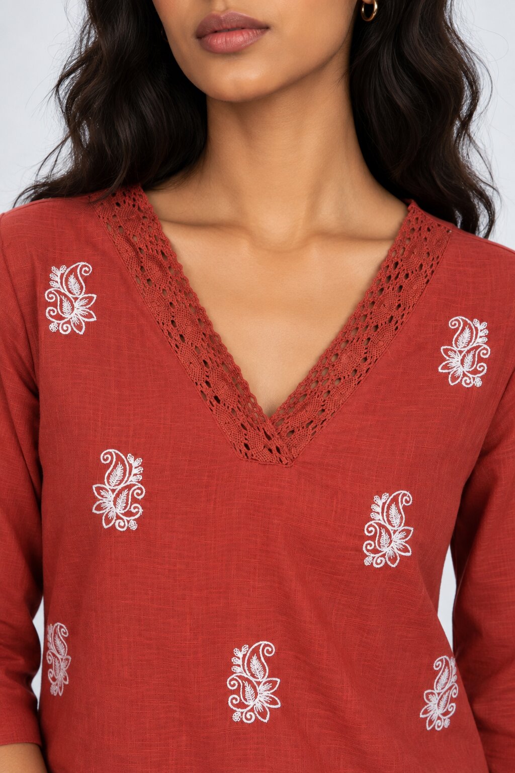 Womens Rust Embroidered V-Neck Straight Kurta - Image 9