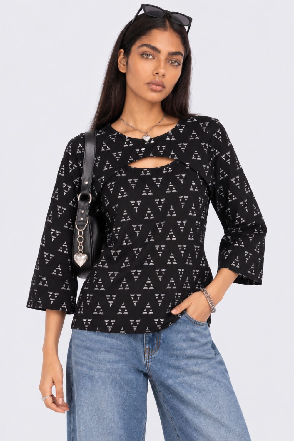 Womens Black Geometric Print Layered Top With Slip - Image 1