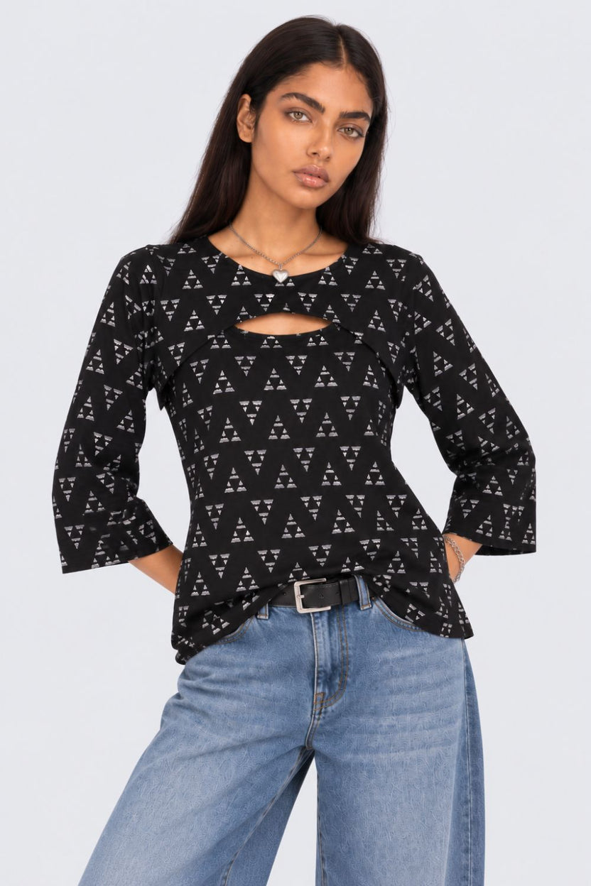 Womens Black Geometric Print Layered Top With Slip - Image 2