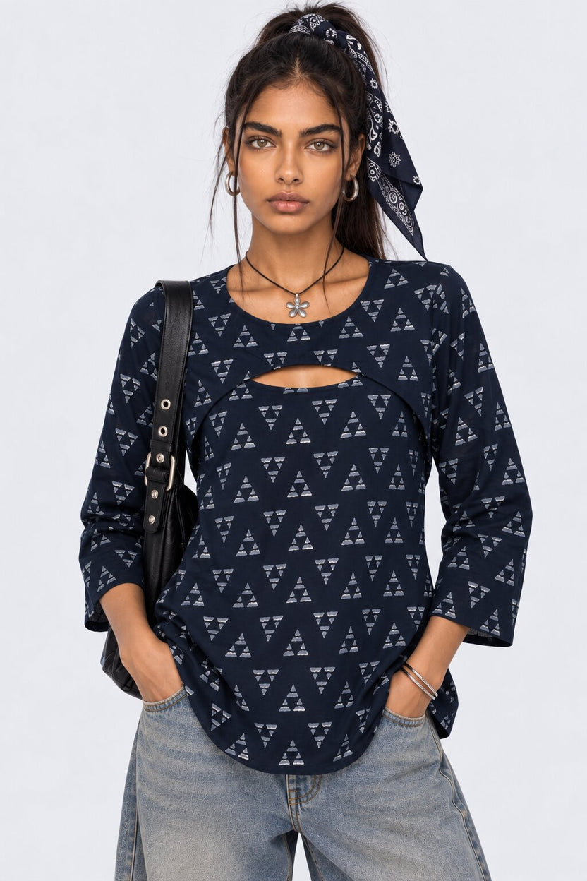 Womens Navy Geometric Print Layered Top With Slip - Image 1