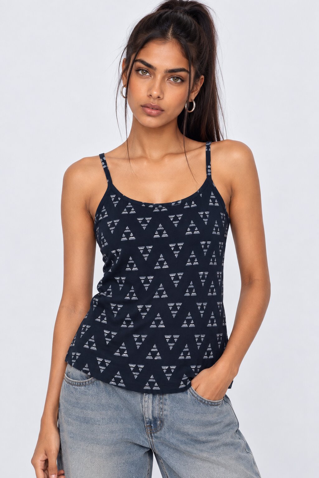 Womens Navy Geometric Print Layered Top With Slip - Image 2