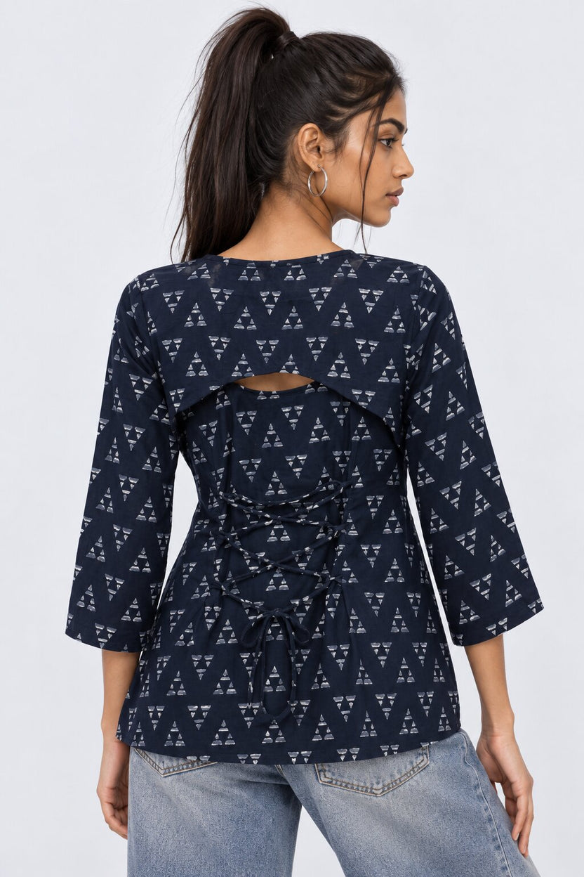 Womens Navy Geometric Print Layered Top With Slip - Image 5