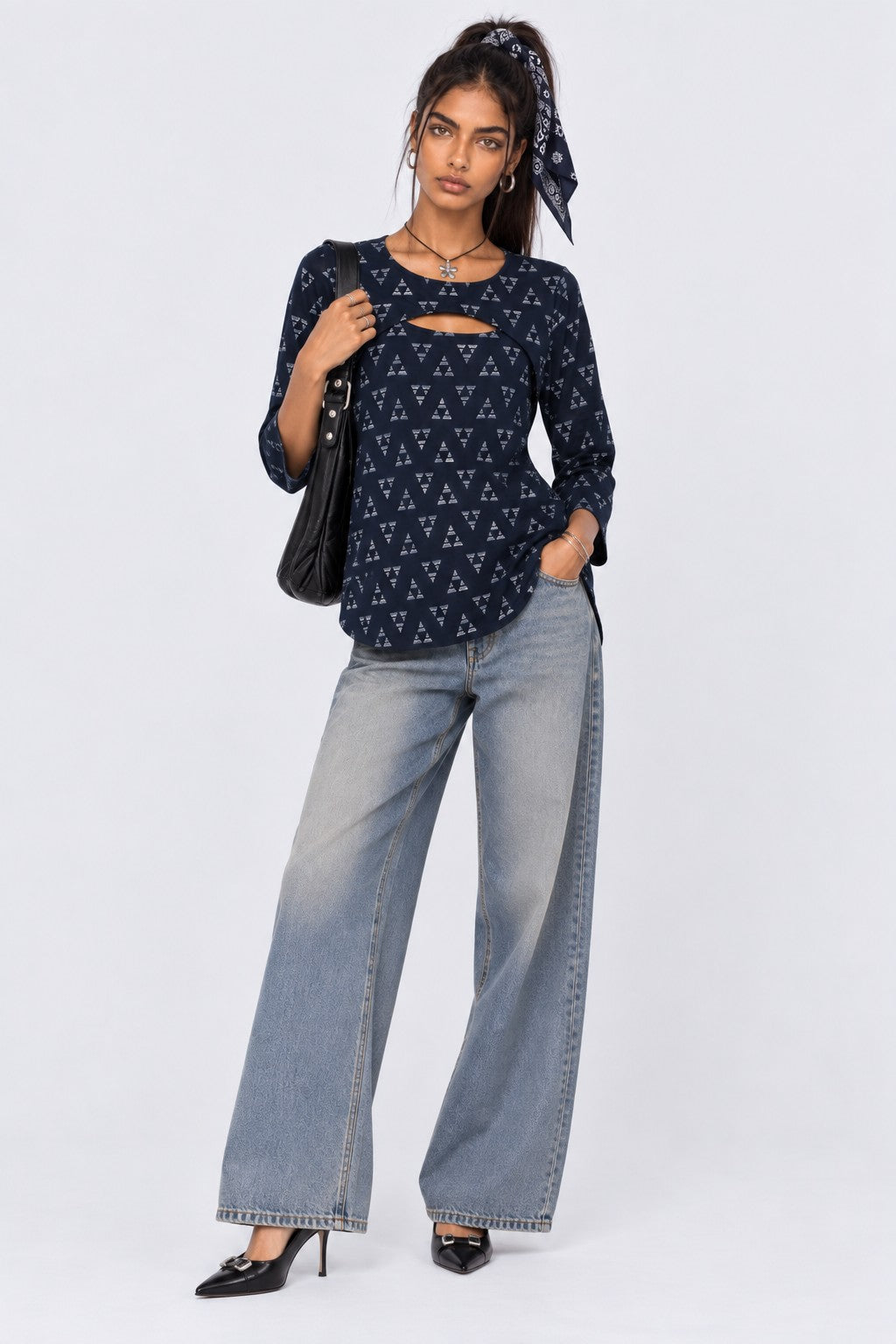Womens Navy Geometric Print Layered Top With Slip - Image 6