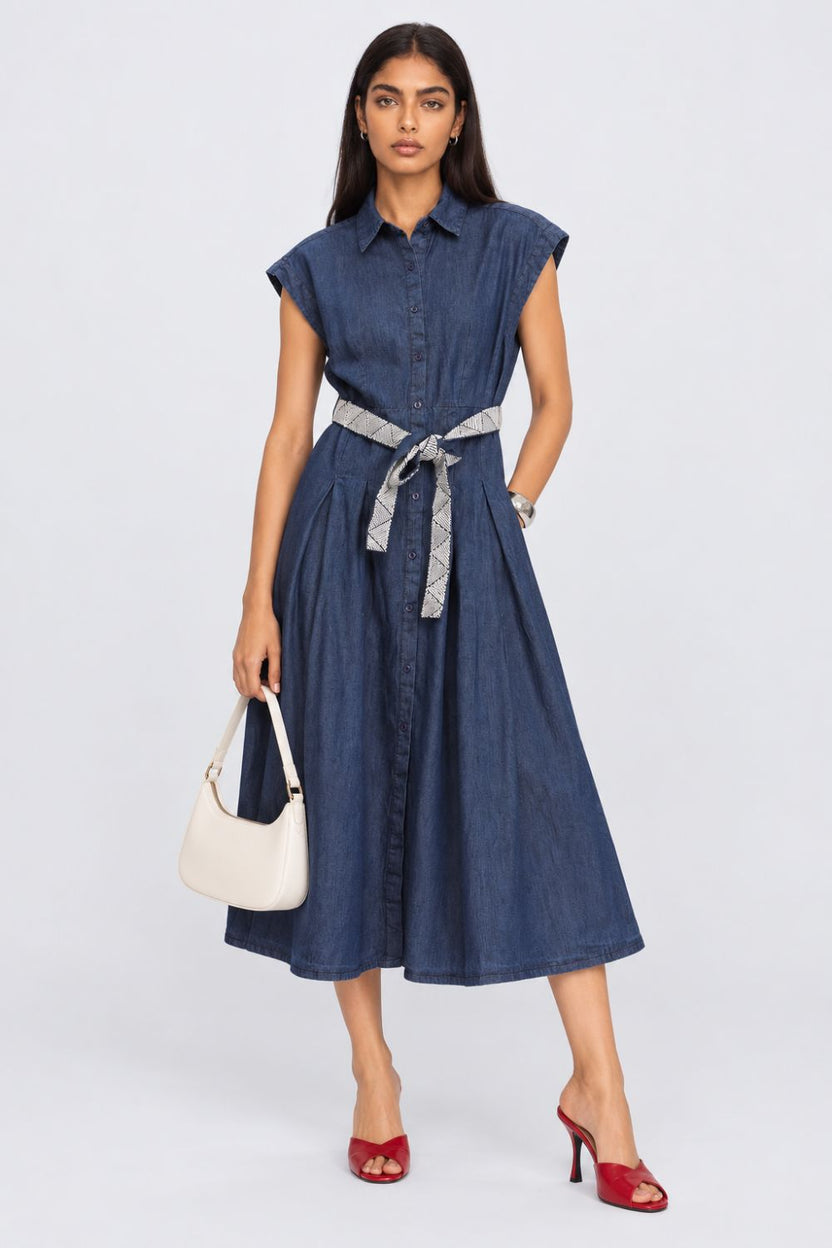 Womens Blue Belted Denim Flared Shirt Dress - Image 1