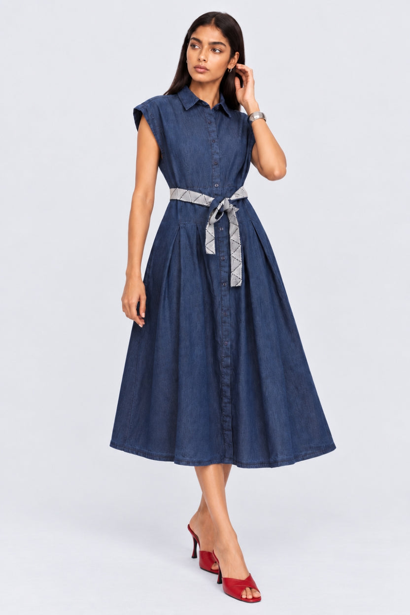 Womens Blue Belted Denim Flared Shirt Dress - Image 2