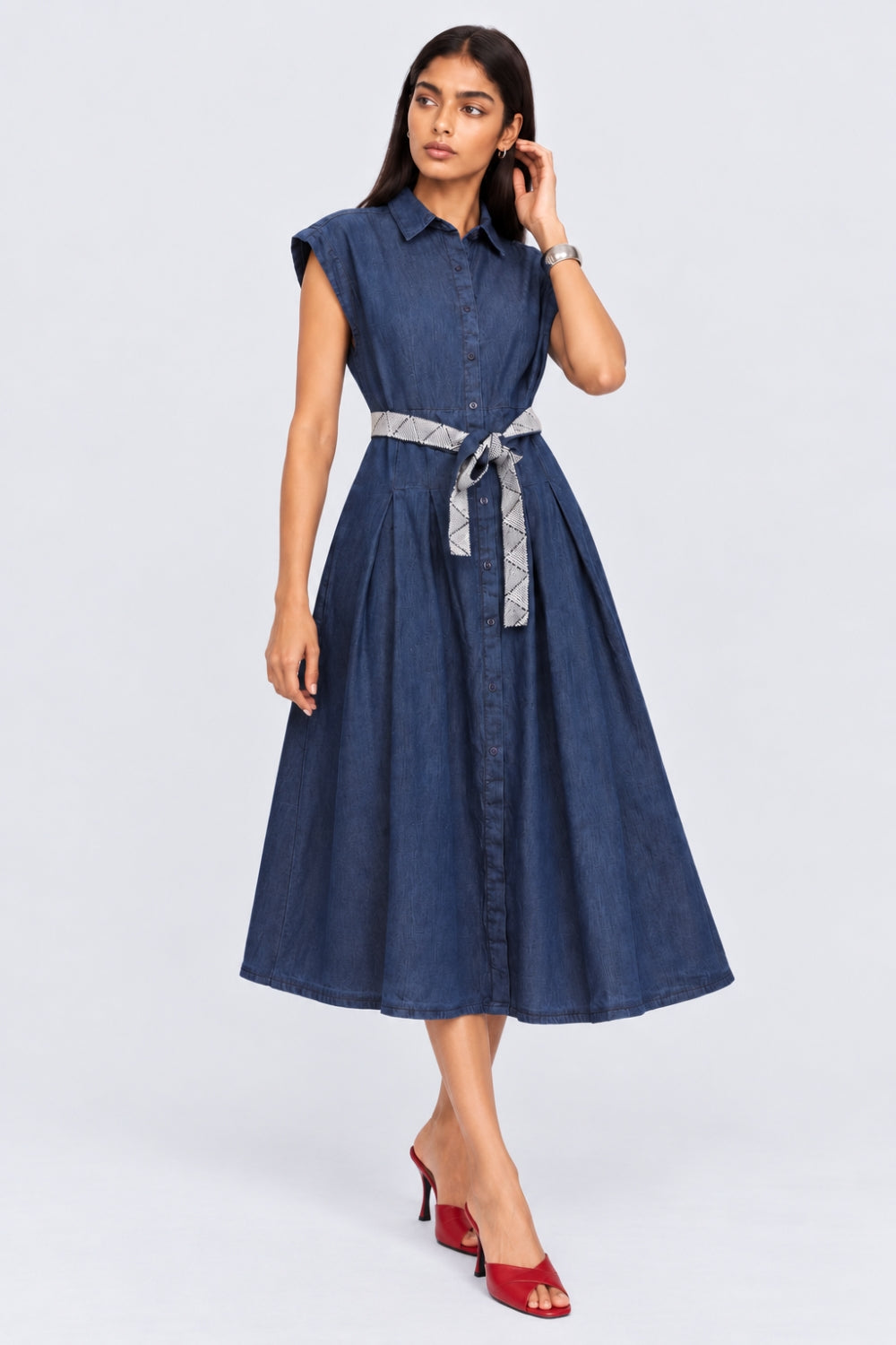 Womens Blue Belted Denim Flared Shirt Dress - Image 2