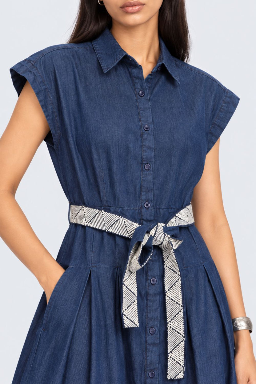Womens Blue Belted Denim Flared Shirt Dress - Image 3