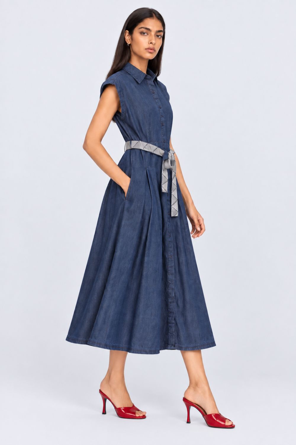 Womens Blue Belted Denim Flared Shirt Dress - Image 4