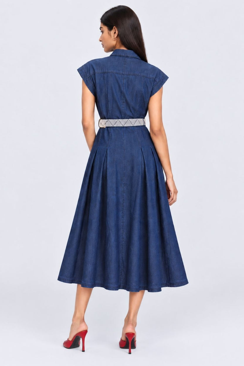 Womens Blue Belted Denim Flared Shirt Dress - Image 5