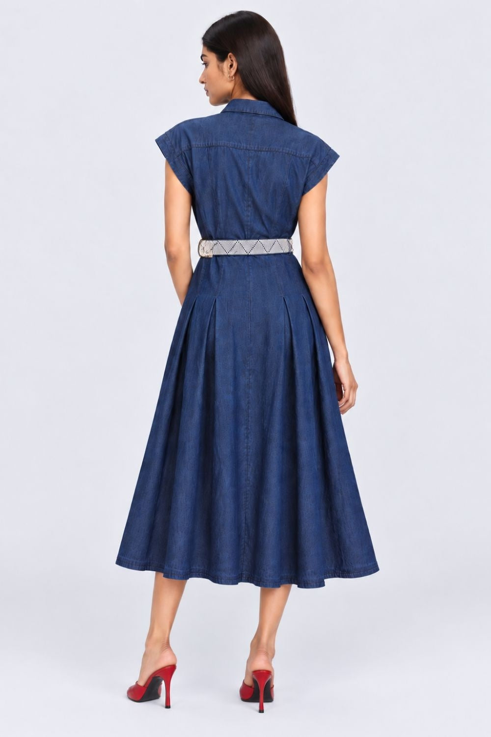 Womens Blue Belted Denim Flared Shirt Dress - Image 5
