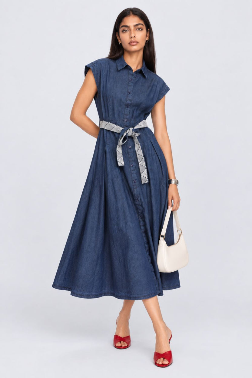Womens Blue Belted Denim Flared Shirt Dress - Image 6
