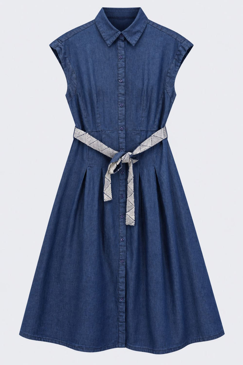 Womens Blue Belted Denim Flared Shirt Dress - Image 7