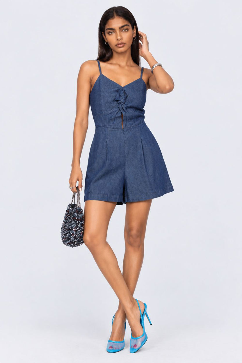 Womens Blue Tie Front Denim Jumpsuit - Image 6