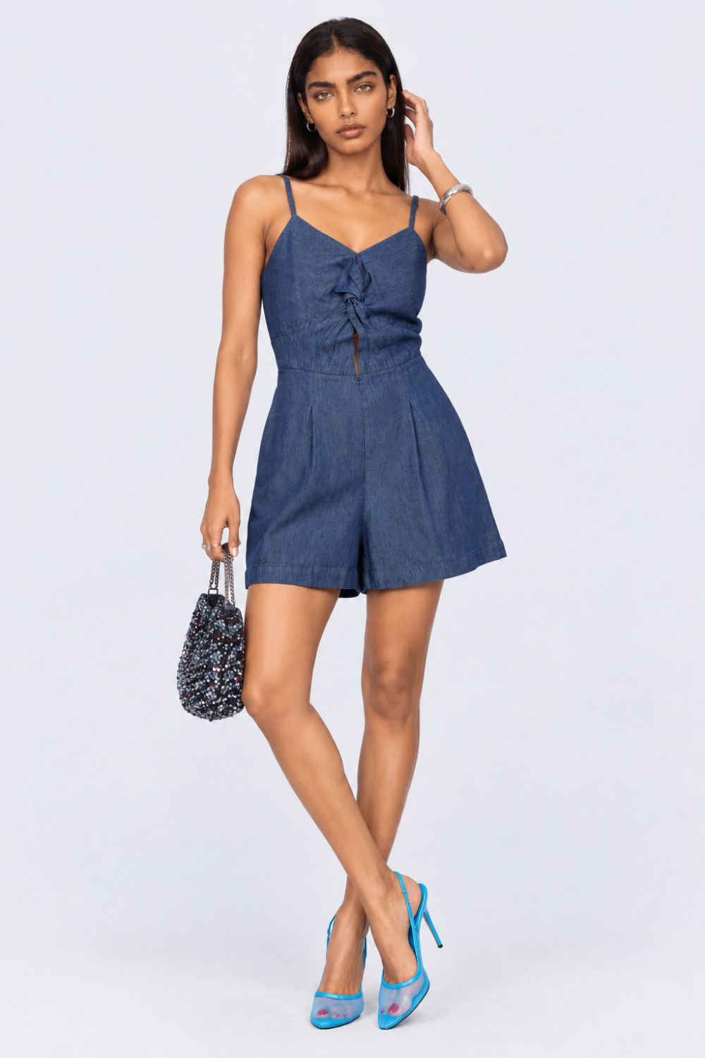 Womens Blue Tie Front Denim Jumpsuit - Image 6