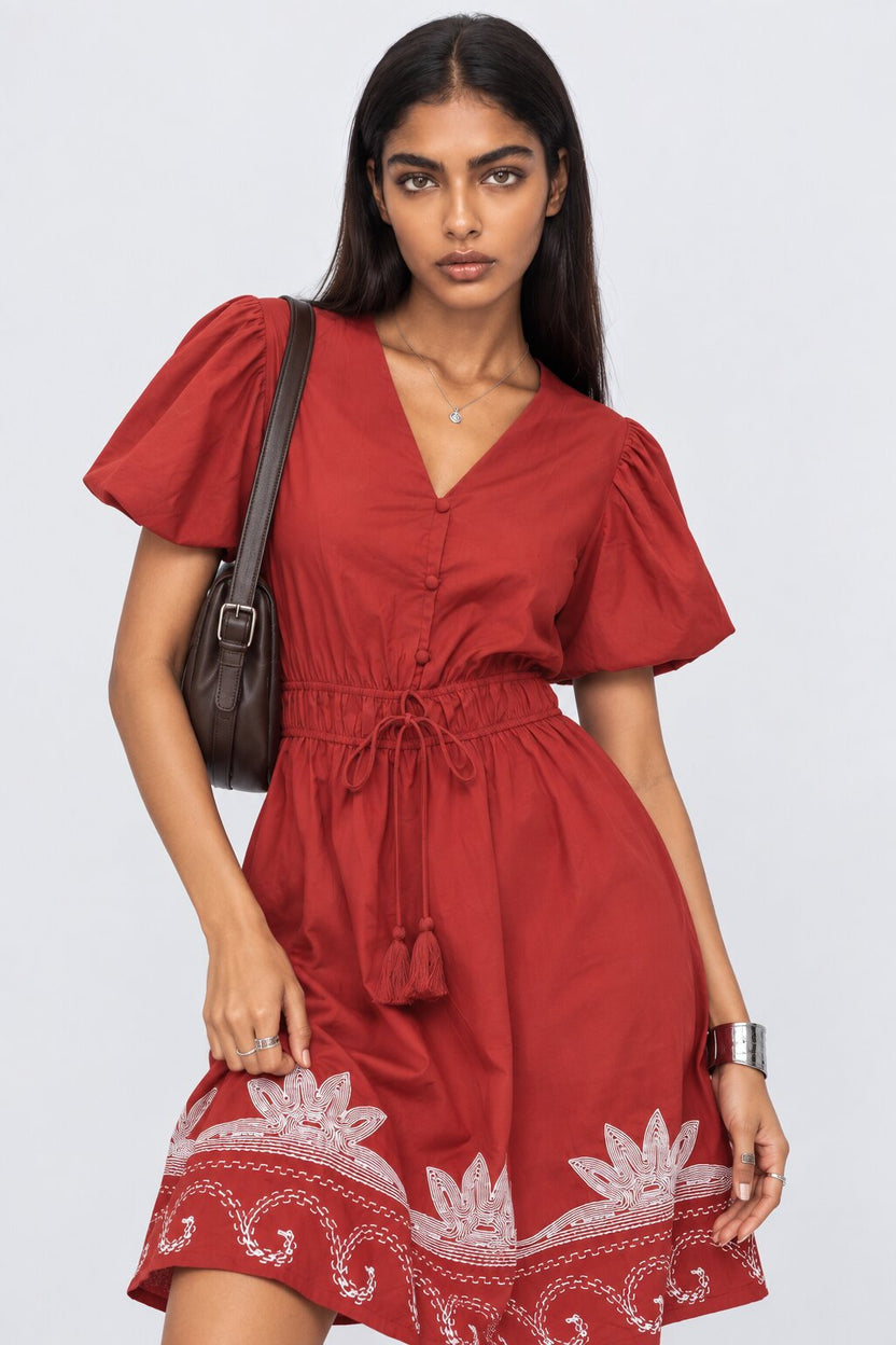 Womens Red Embroidered Puff Sleeve Dress - Image 1