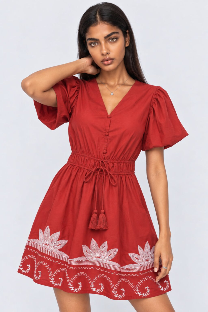 Womens Red Embroidered Puff Sleeve Dress - Image 2
