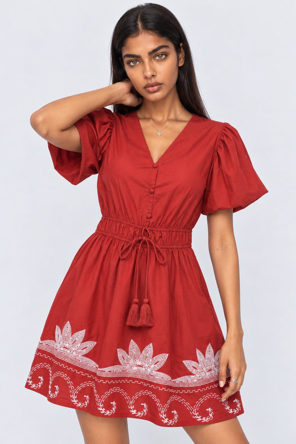 Womens Red Embroidered Puff Sleeve Dress - Image 2