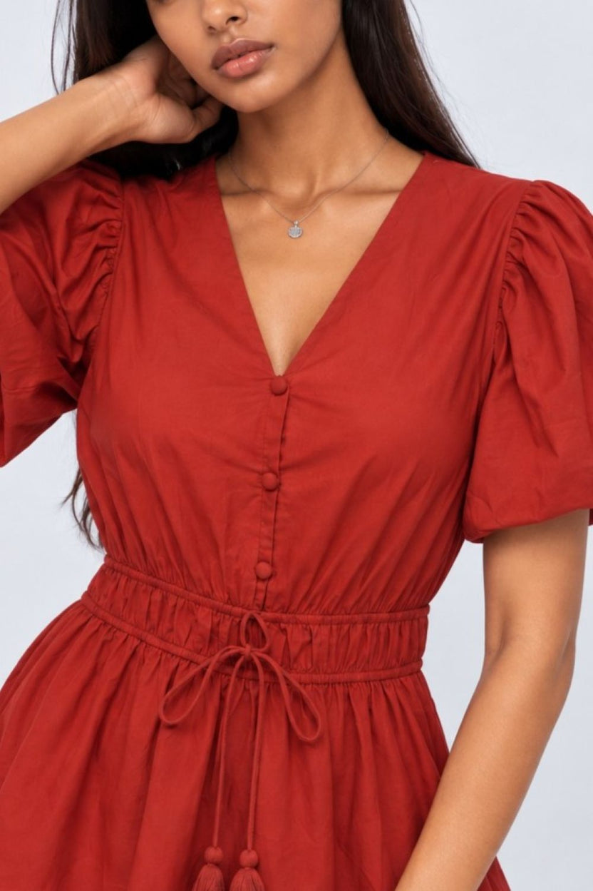 Womens Red Embroidered Puff Sleeve Dress - Image 3