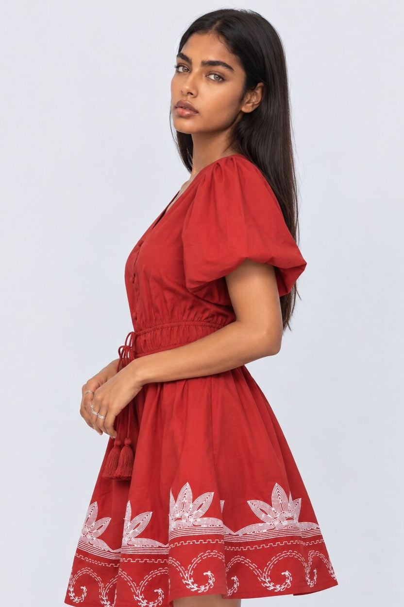 Womens Red Embroidered Puff Sleeve Dress - Image 4