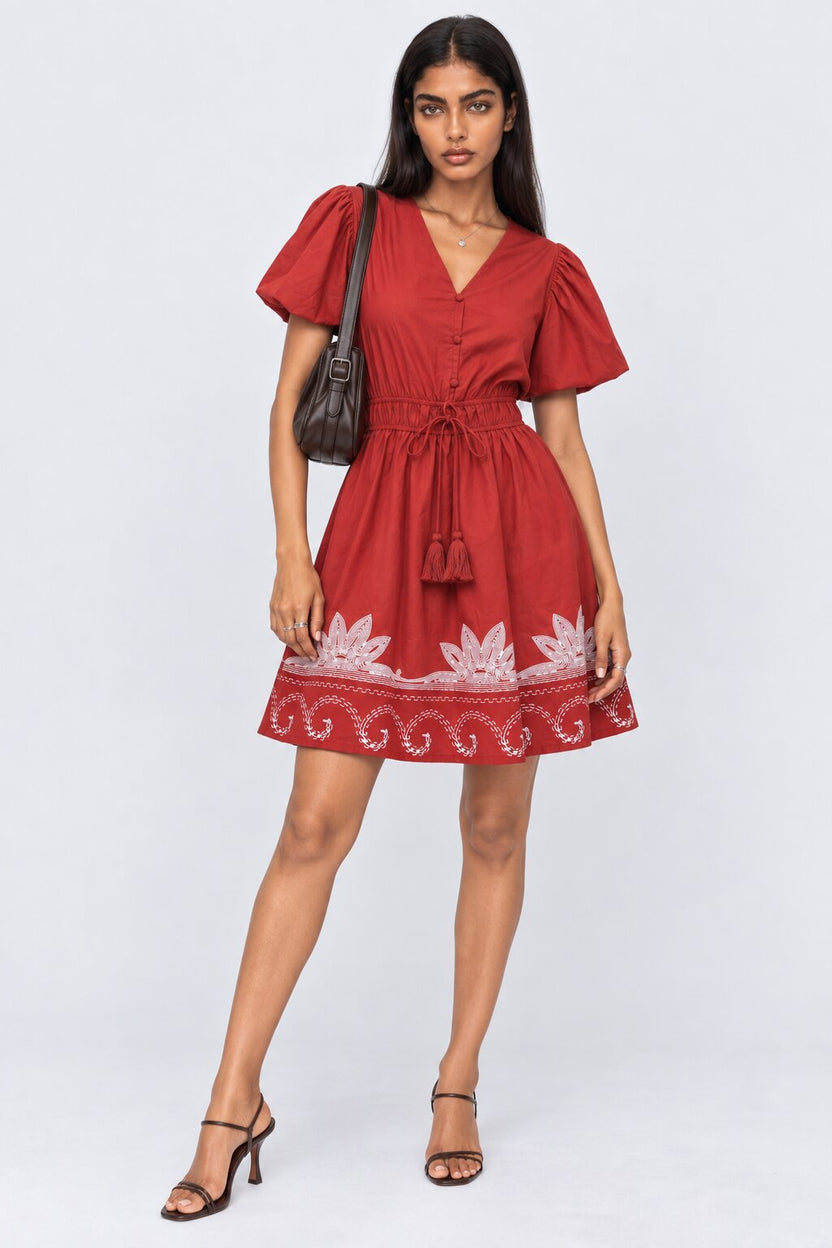 Womens Red Embroidered Puff Sleeve Dress - Image 6
