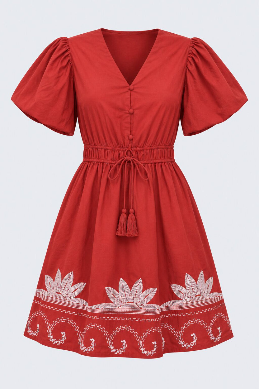 Womens Red Embroidered Puff Sleeve Dress - Image 7